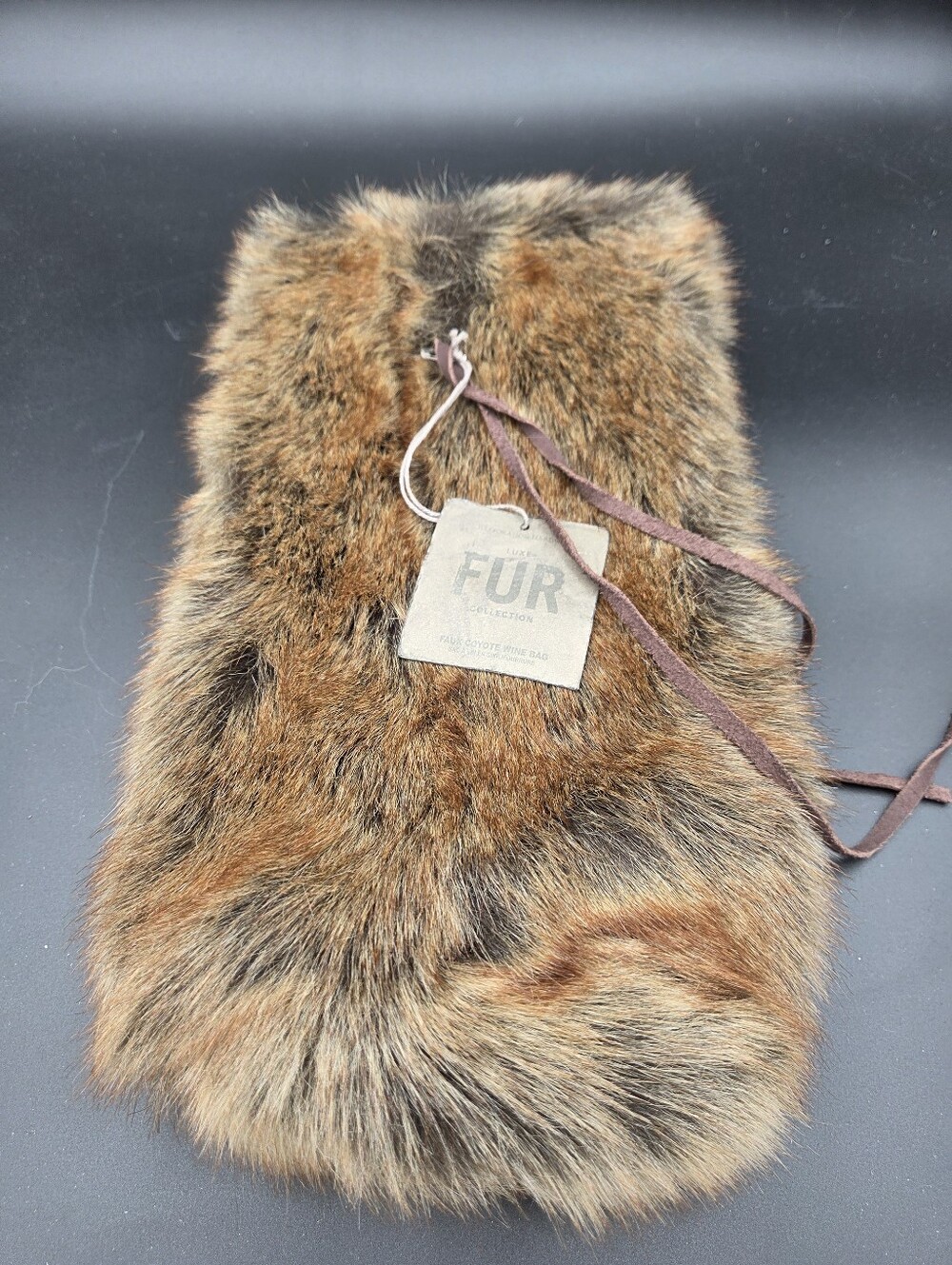 Restoration Hardware Luxe Faux Fur Coyote Wine Bag NWT Gift Bottle Bag